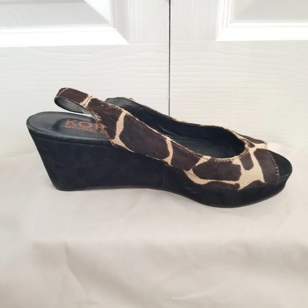Michael Kors Women's Shoes 6 Brown Black Faux Giraffe Wedge Sandals Slingback